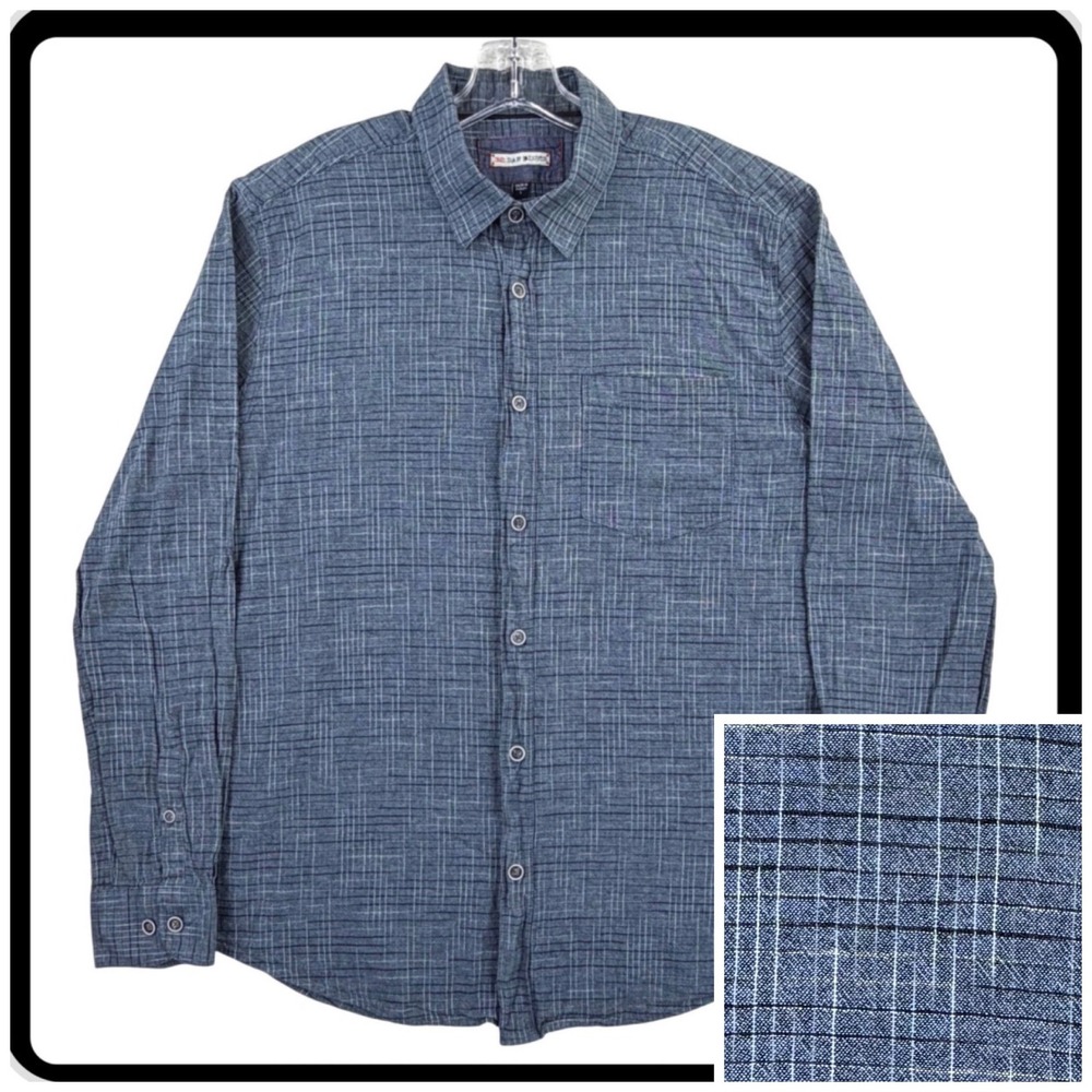 32 Bar Blues Button Down Shirt Men Large Blue Cotton Slub Long Sleeve Casual